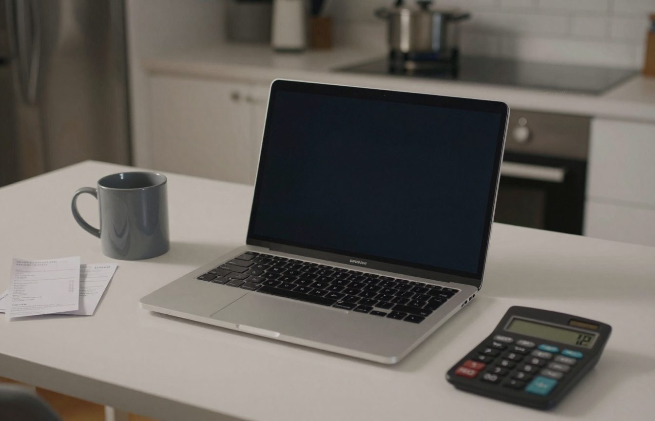 A small business owner's kitchen-table desk in the evening: an open laptop glowing