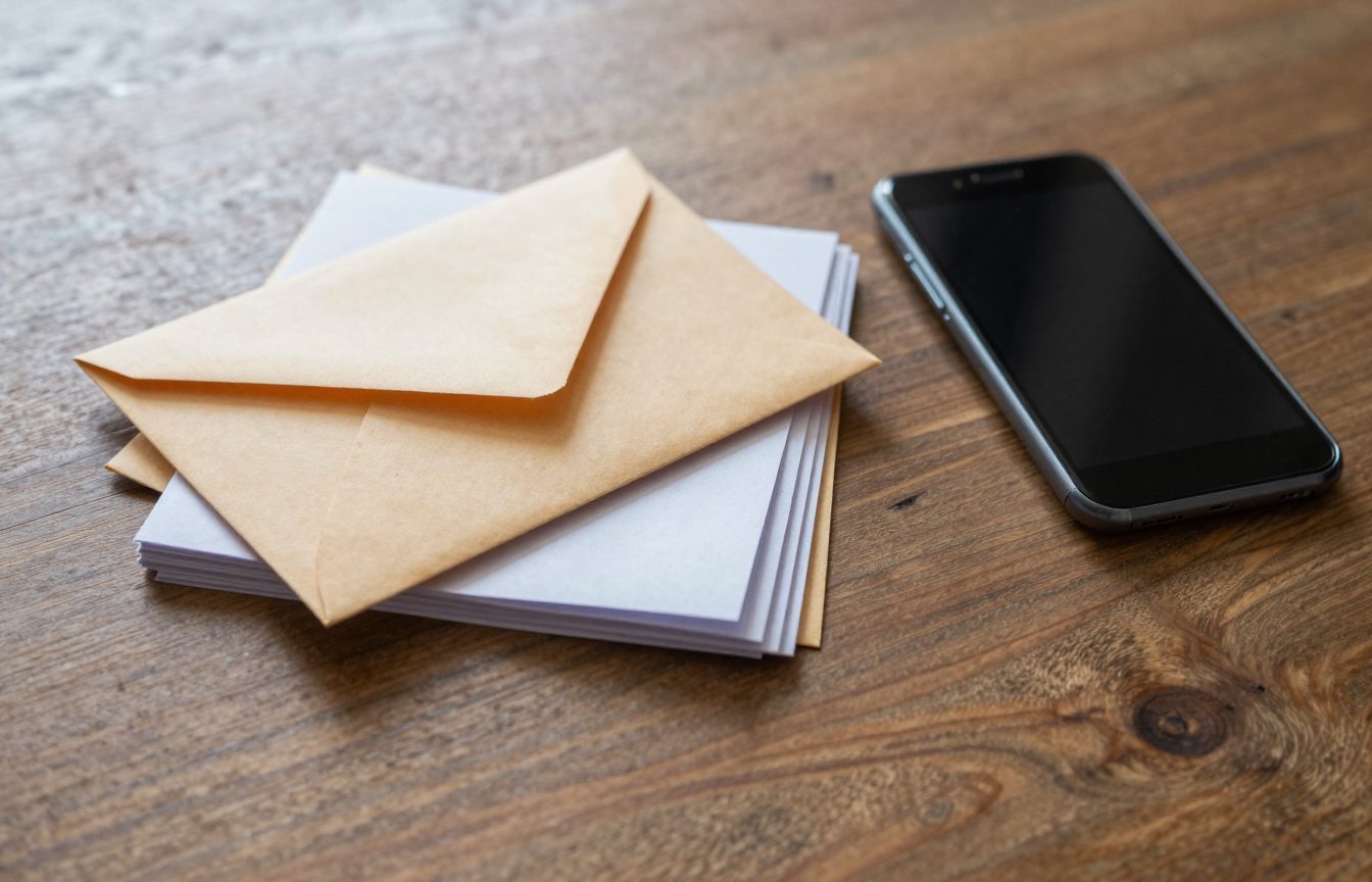 A small stack of opened paper envelopes and folded letters beside a smartphone lying face down on a timber desk