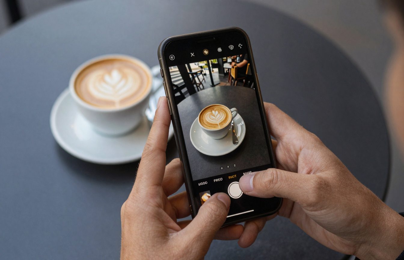 Overhead view of hands holding a phone above a cafe table to photograph a flat white and a pastry