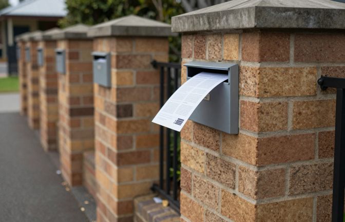 A row of suburban letterboxes on brick pillars along a footpath