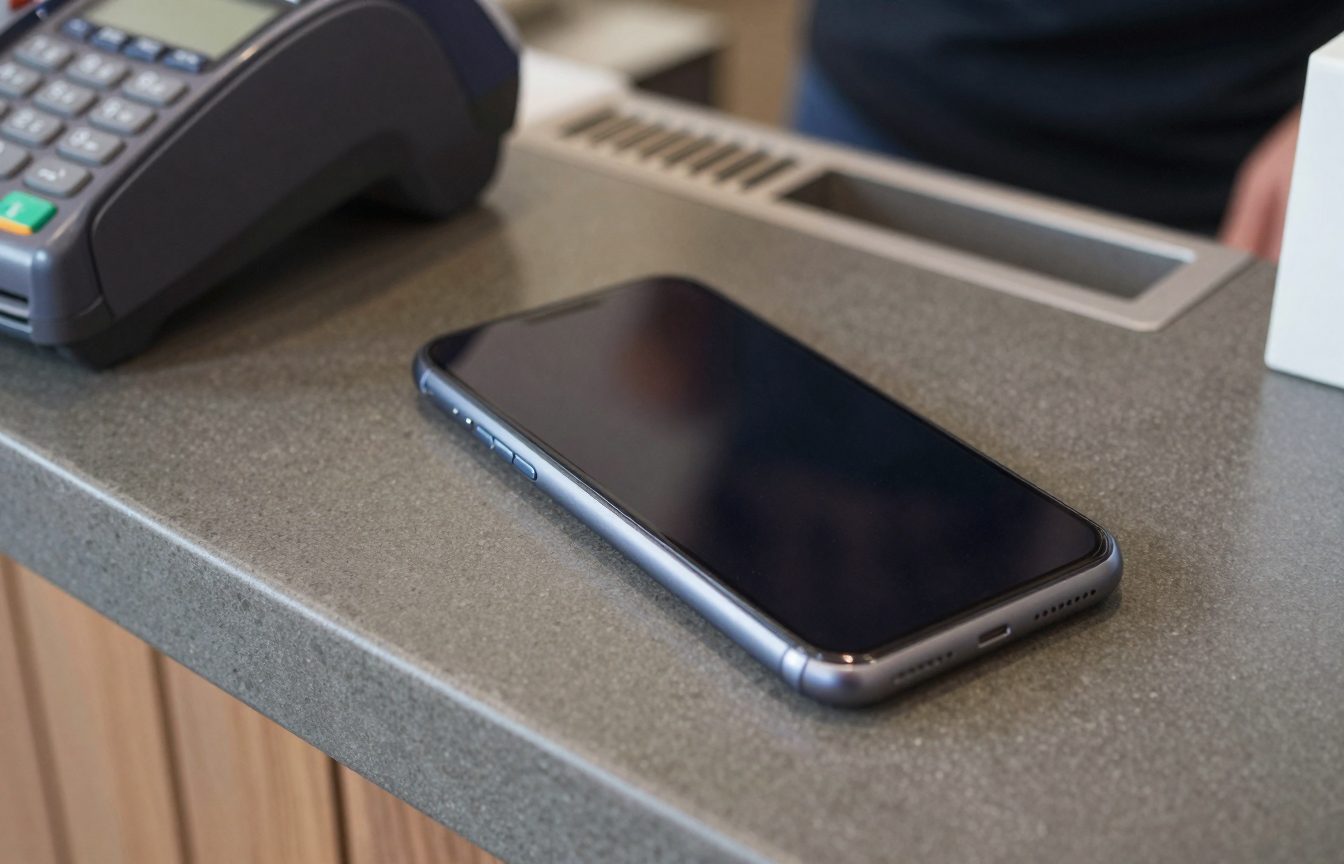 A smartphone lying face up on a cafe counter beside a card payment terminal