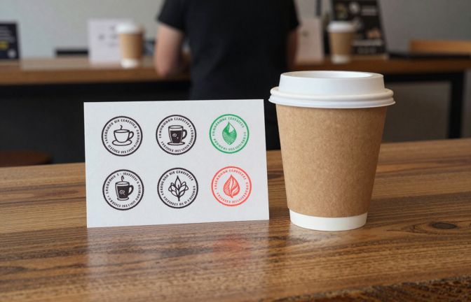 A paper coffee loyalty stamp card with six round stamps beside a takeaway coffee cup on a timber cafe counter