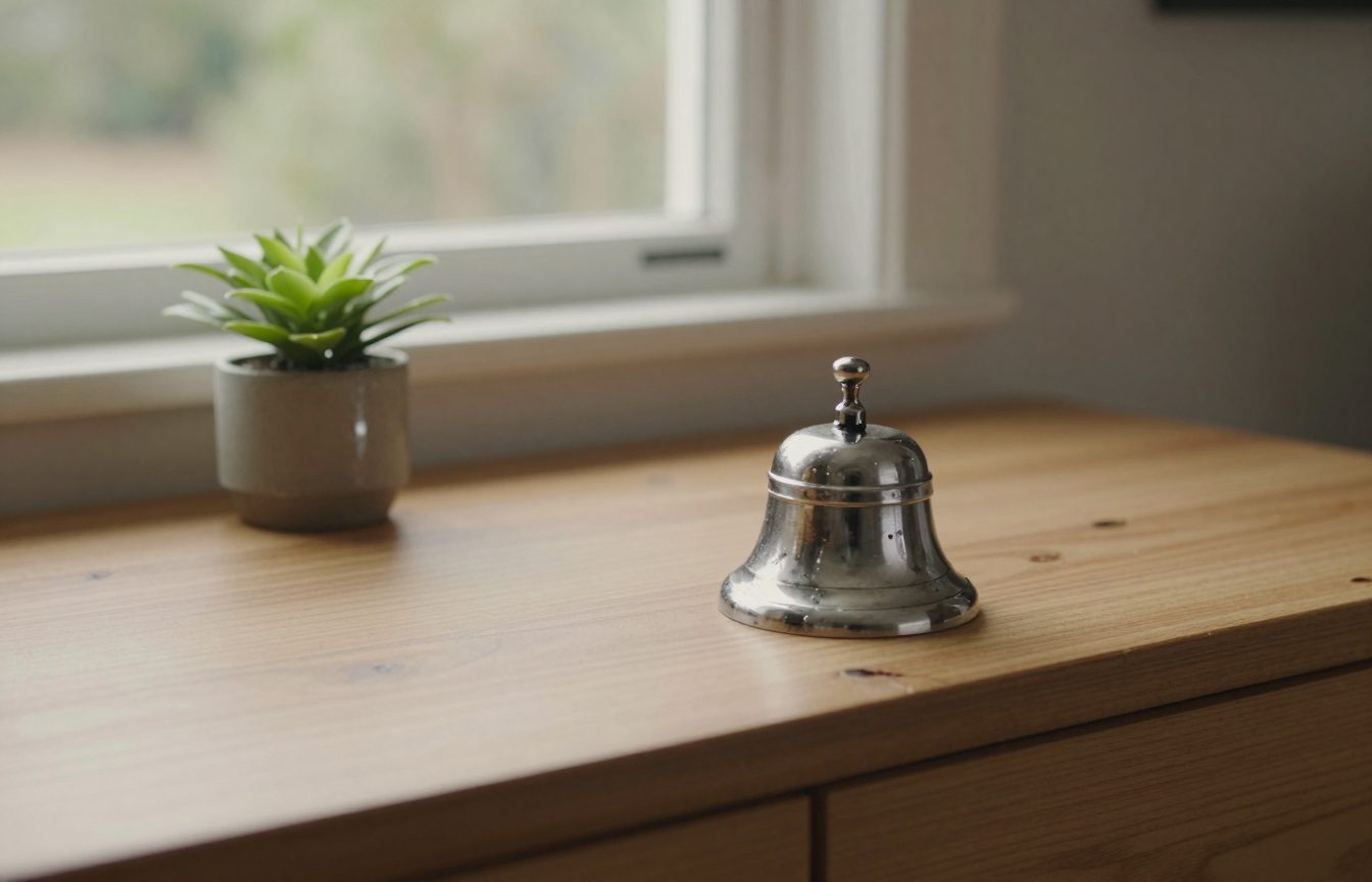 A silver service bell on a clean timber shop counter beside a small potted plant