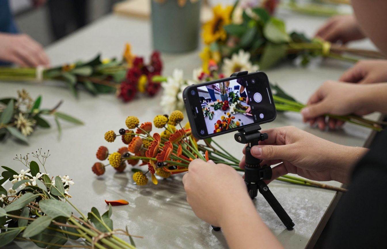 A smartphone on a small tripod filming a florist's hands arranging native Australian flowers on a workbench