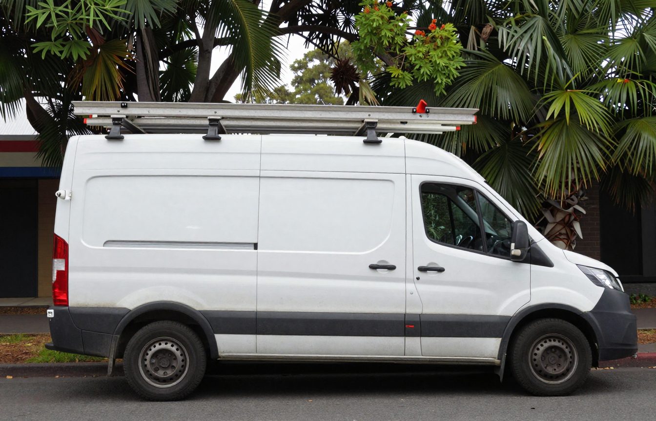 A white tradesman's van parked on a leafy Australian street with ladders on its roof rack