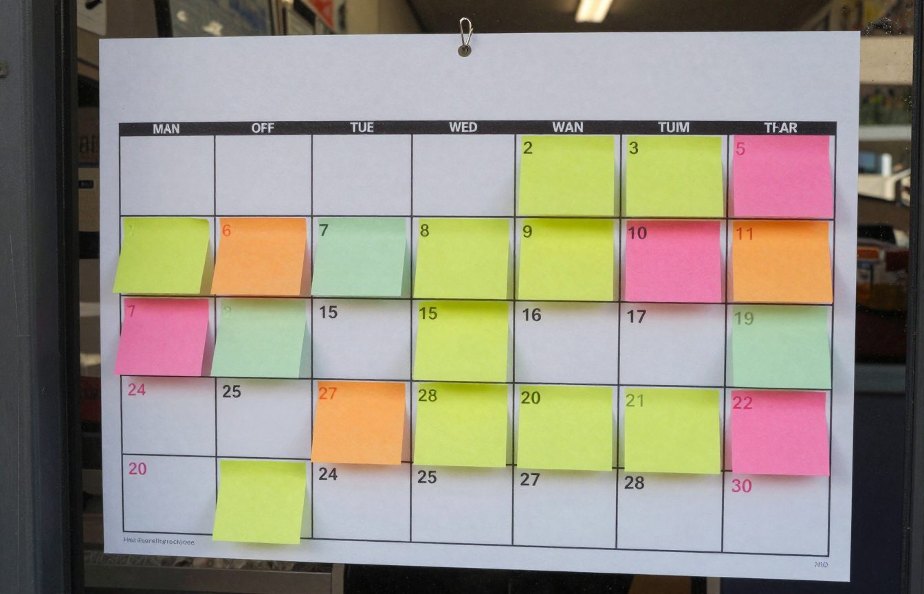 A paper wall calendar pinned above a small shop counter with coloured sticky notes on several dates