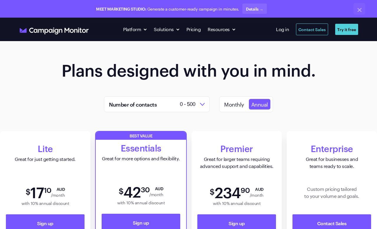 Campaign Monitor pricing page, top of the page