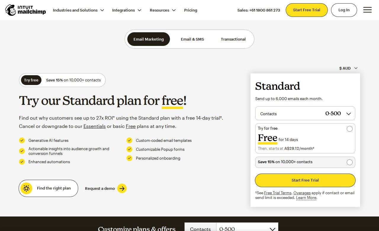 Mailchimp pricing page, top of the page