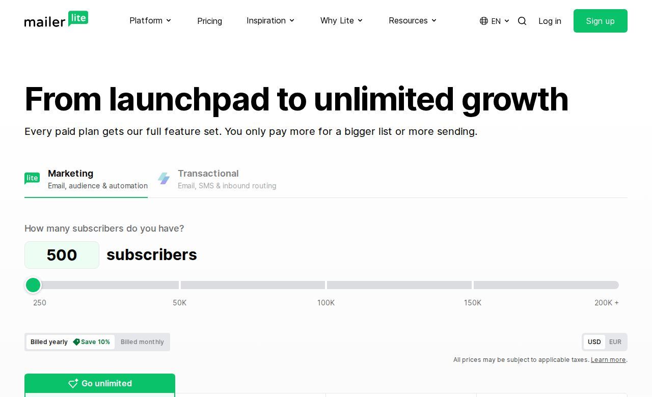 MailerLite pricing page, top of the page